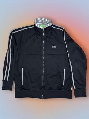 BOSS Black Zip-Front Track Jacket with Gray Stripe Detail